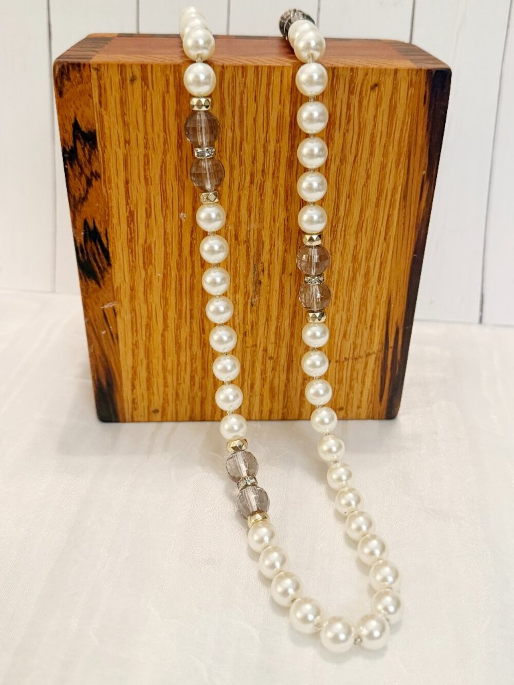 Avon JJH Grey Pearl & Rhinestone Rondelle Necklace - Vintage 90s Glam